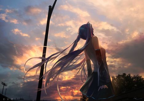 Обои на рабочий стол Hatsune Miku / Хатсуне Мику стоит на фоне вечернего неба, by E-V-E