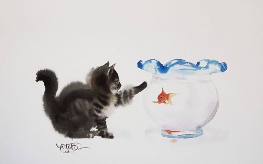Обои на рабочий стол Котенок и золотая рыбка в аквариуме, by Yutaka Murakami / Ютэка мураками
