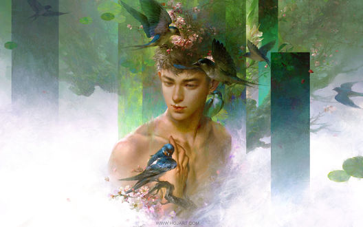 Обои на рабочий стол Парень с птицей в руке и у головы, by Guangjian Huang