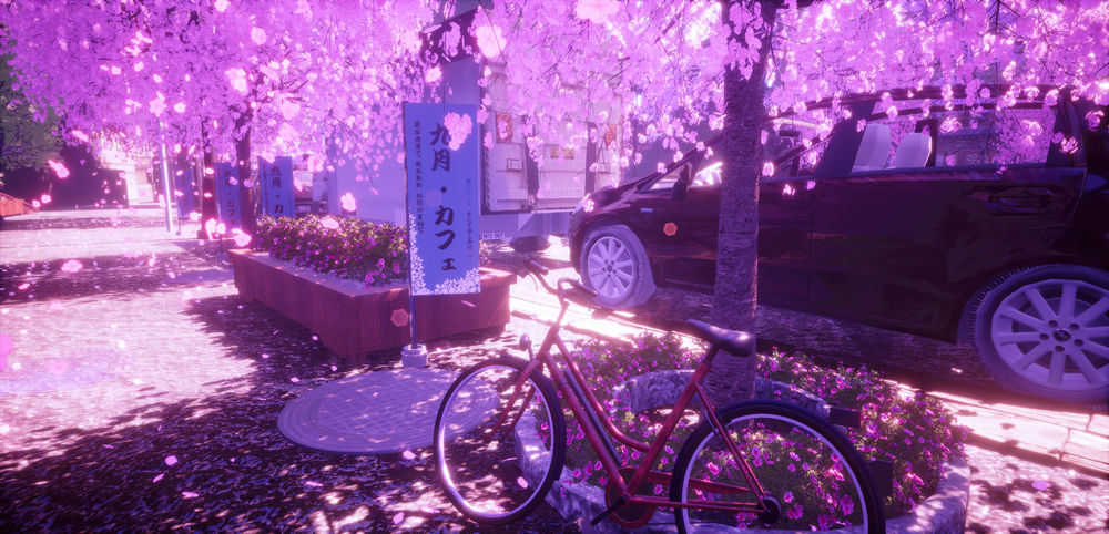 Обои для рабочего стола Велосипед стоит возле цветущей сакуры на улице города