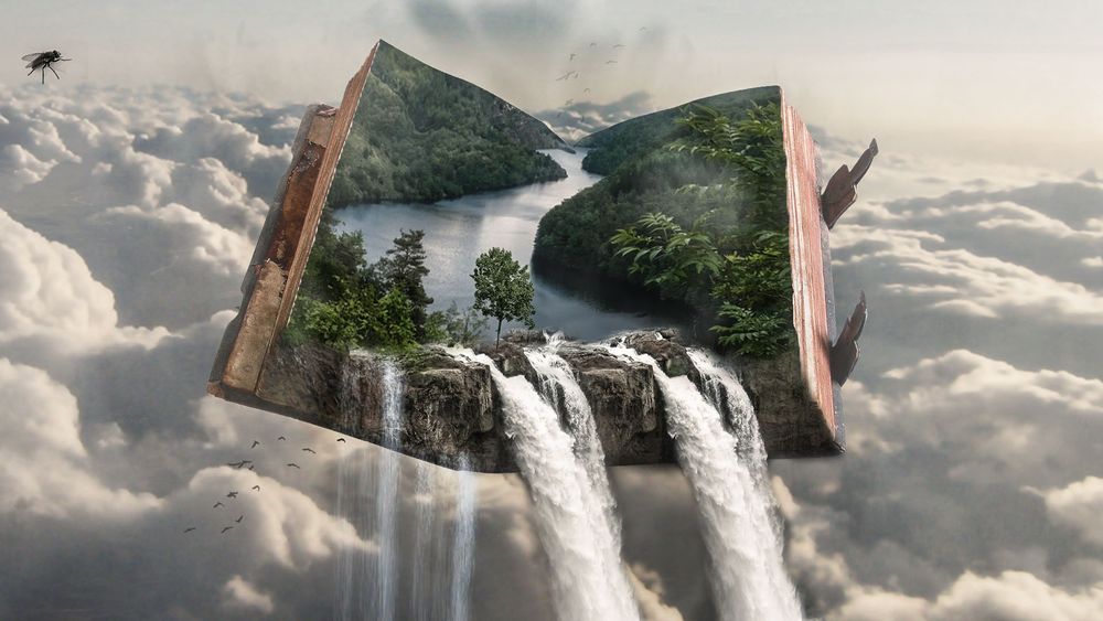 Обои для рабочего стола Над облаками открытая книга природы с ниспадающими водопадами, by Ivan Tamas
