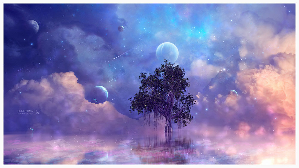 Обои для рабочего стола Дерево в воде на фоне неба с планетами, by Gene Raz von Edler