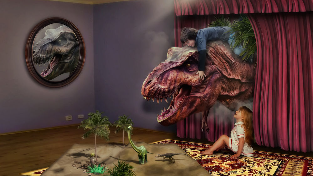 Обои для рабочего стола Девочка играет в комнате со статуэтками динозавров, но вдруг из окна показывается огромный динозавр, на котором сидит мальчик