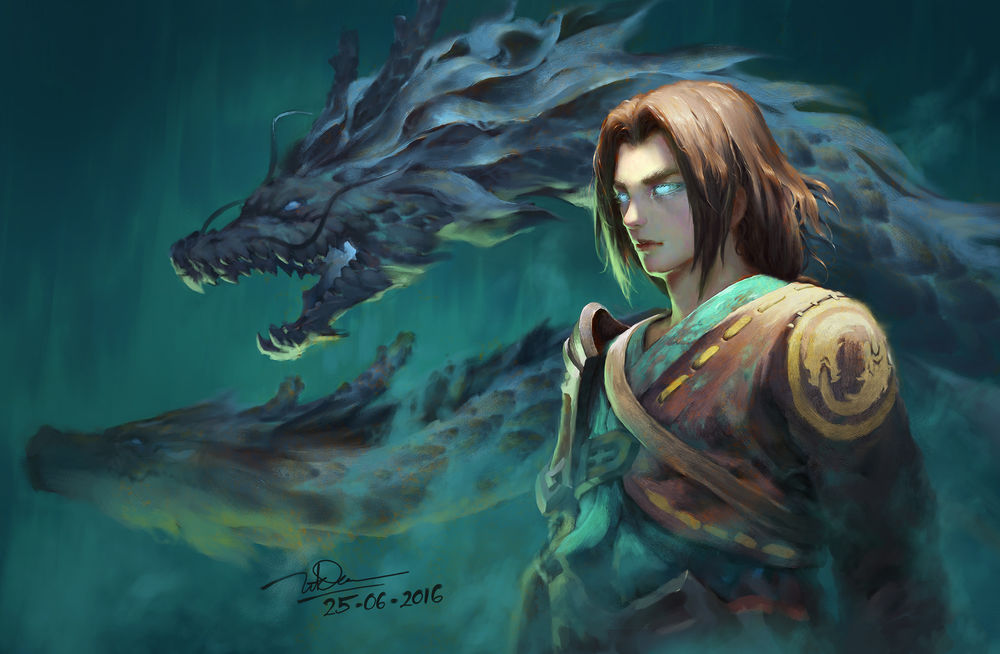 Обои для рабочего стола Young Hanzo / Молодой Ханзо с драконами, арт к игре Overwatch / Дозор, by Dao Le Trong