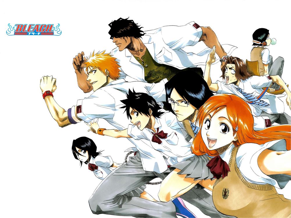 Обои для рабочего стола Kuchiki Rukia, Kurosaki Ichigo / Куросаки Ичиго, Orihime Inoue, Ishida Uryuu в школьной форме и др. куда-то бегут из аниме Блич / Bleach, bu Tito Kubo