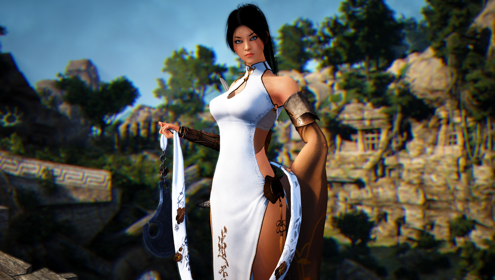 Обои для рабочего стола Девушка-воин Lahn / Лан в белом платье, арт к игре Black Desert / Черная Пустыня, by UnitedStrafes