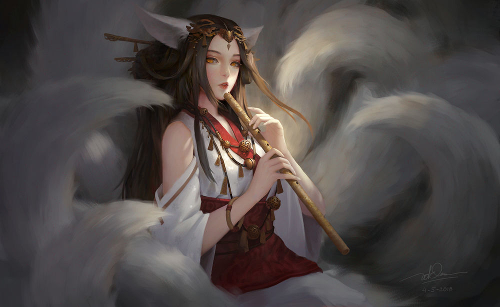 Обои для рабочего стола Девушка-кошка Gumiho / Гумихо с флейтой, by Dao Le Trong