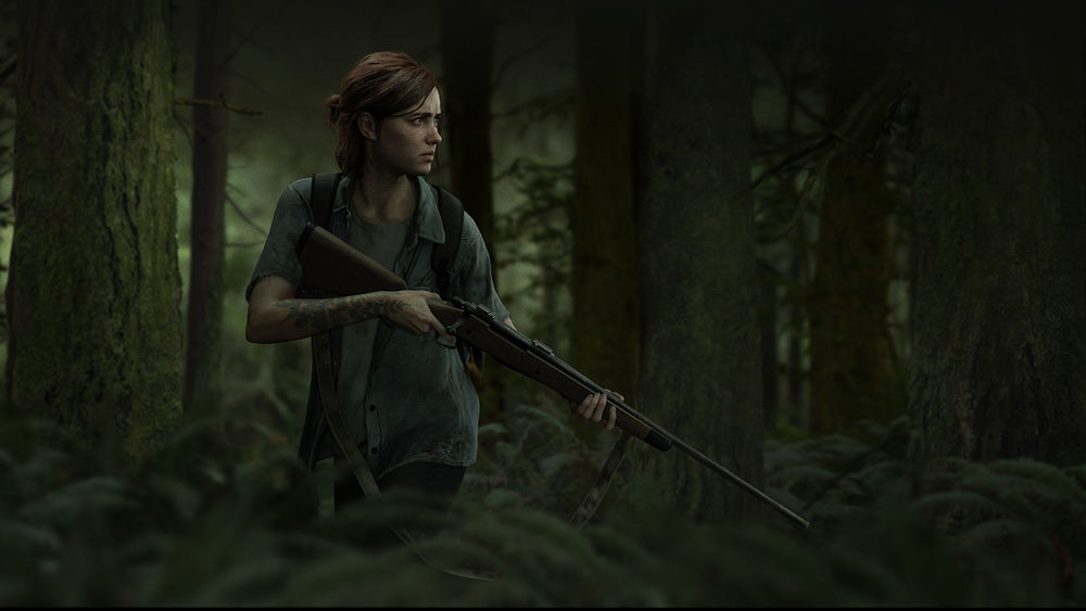 Обои для рабочего стола Ellie Williams / Элли Уилльямс с винтовкой в лесу, арт к игре The Last of Us: Part II / Последние из нас: Часть 2