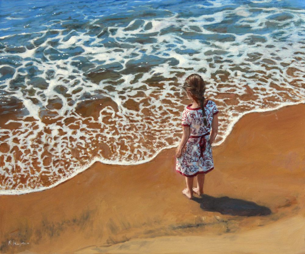 Обои для рабочего стола Девочка стоит у моря на песке, by ranonus
