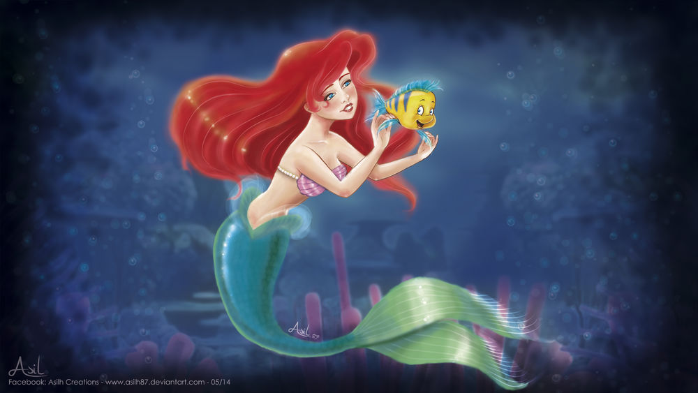 Обои для рабочего стола Ariel / Ариэль и Flounder / Флаундер из мультфильма The Little Mermaid / Русалочка, by Asilh87