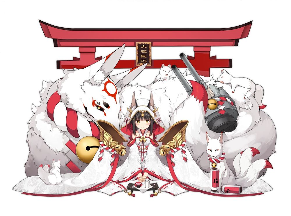 Обои для рабочего стола Девочка в японской одежде и белый демон-лис с лисятами перед красными воротами тории из игры Kantai Collection: KanColle / Флотская коллекция