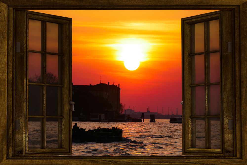 Обои для рабочего стола Открытое окно за которым венецианский пейзаж на закате, by Gerhard Gellinger