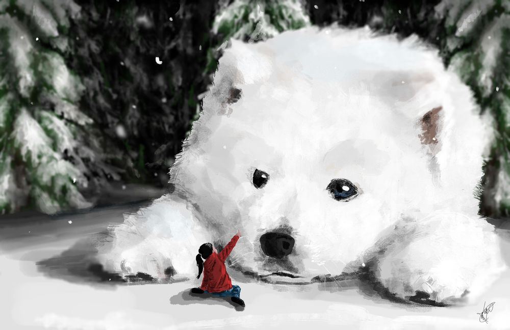 Обои для рабочего стола Девочка сидит на снегу перед огромным белым псом, by soupsane