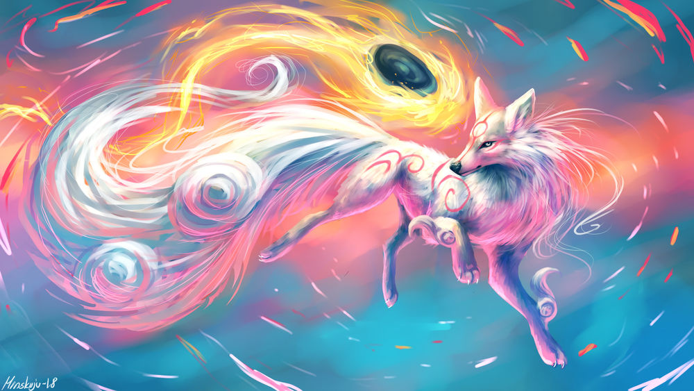 Обои для рабочего стола Божественный белый волк Amaterasu / Аматерасу игры Okami, by Minea Juntura
