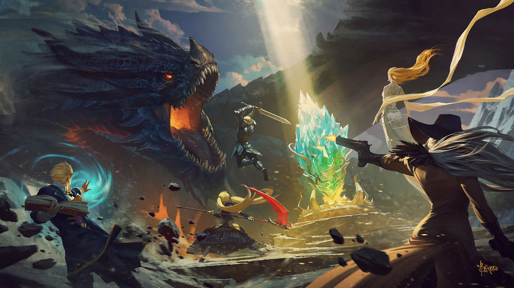 Обои для рабочего стола Битва с драконом героев игры Daybreak Legends / Легенды рассвета, by bayardwu