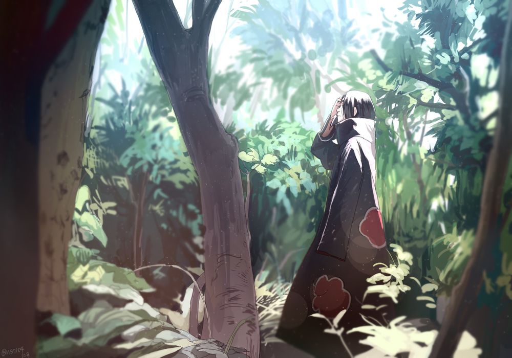 Обои для рабочего стола Итачи Учиха / Itachi Uchiha стоит в среди деревьев из аниме Наруто / Naruto, art by Masashi Kishimoto