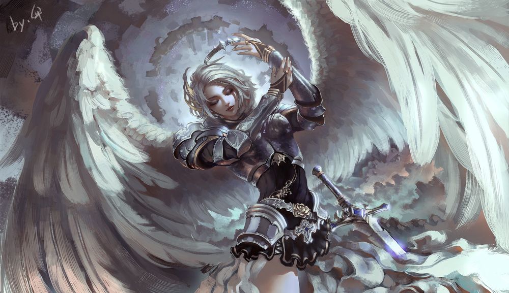 Обои для рабочего стола Девушка-ангел с белыми крыльями в доспехах роняет меч