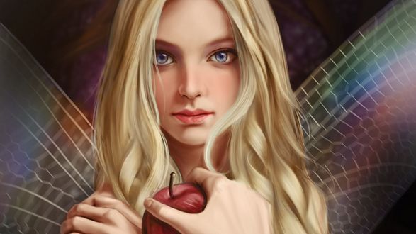 Обои на рабочий стол Фея с яблоком в руке, by Vincent Chu