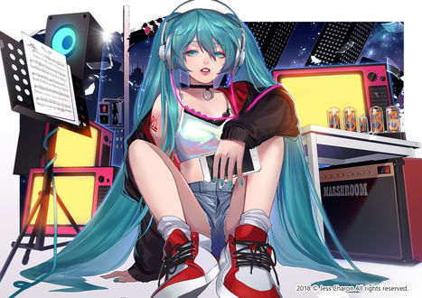 Обои на рабочий стол Vocaloid Hatsune Miku / Вокалоид Хатсуне Мику сидит в музыкальной студии, by Jess Charon