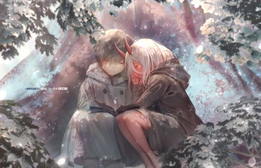 Обои на рабочий стол Zero Two / Зеро Ту с Code:016 (Hiro) сидят у большого дерева в лесу из аниме Darling in the FranXX / Милый во Франкcе, by SAyuki