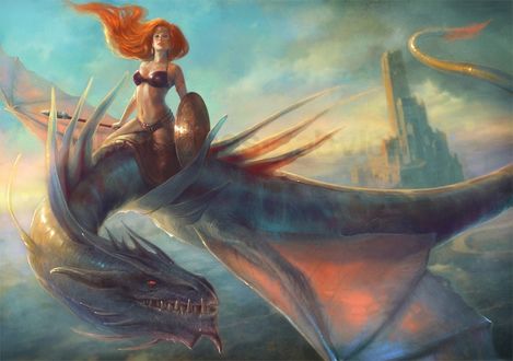 Обои на рабочий стол Девушка-воин сидит на летящем драконе, by MartaNael