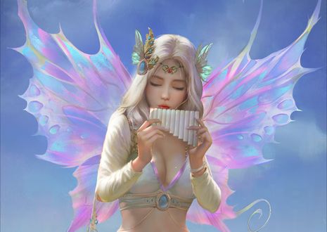 Обои на рабочий стол Desert Elf / Пустынный эльф играет на многоствольной флейте, by yakun wang