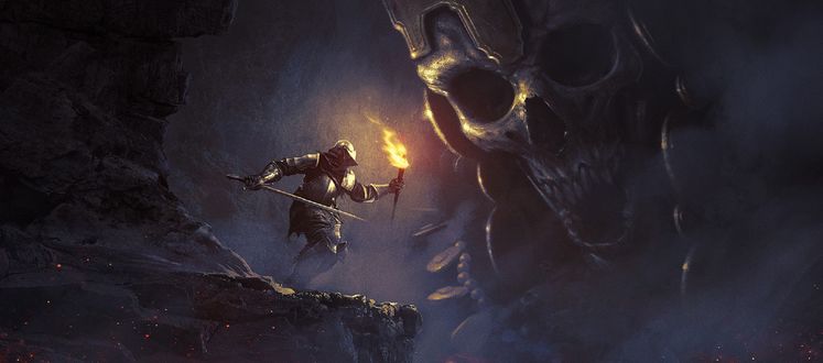 Обои на рабочий стол High Lord Wolnir / Верховный повелитель Вольнир и рыцарь с мечом и факелом, арт к игре Diablo III: Reaper of Souls / Diablo III:Жнец душ, by Daniel Jimenez Villalba