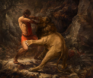 Обои на рабочий стол Hercules fight with the Nemean Lion / Геркулес сражается с Немейским Львом, by Yaroslav Radeckyi