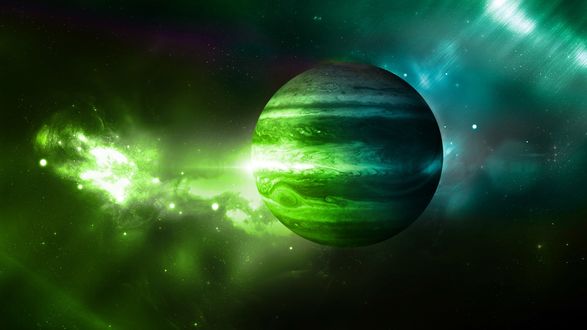 Обои на рабочий стол Планета Юпитер в зеленых тонах