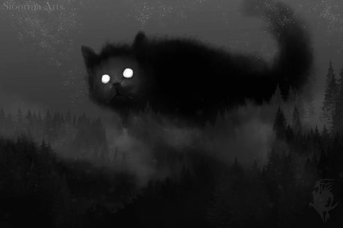 Обои на рабочий стол Огромная черная кошка возвышается над елями, by Sioorma