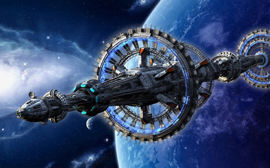 Обои на рабочий стол Космический корабль на орбите голубой планеты