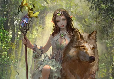 Обои на рабочий стол Эльфийка верхом на волке, первоисточник Forest Elf, by yakun wang