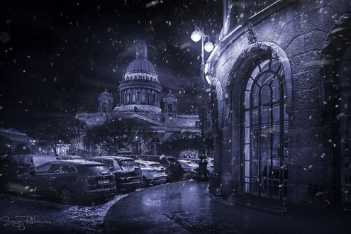 Обои на рабочий стол Исаакиевский собор зимней ночью, Санкт-Петербург, фотограф Сергей Рехов