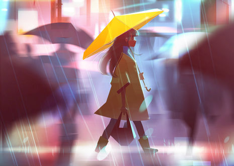 Обои на рабочий стол Девочка с желтым зонтом идет по улице, by jenny yu
