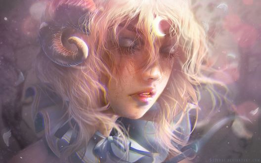 Обои на рабочий стол Девушка-демон с горящим месяцем на лбу, by Seiorai