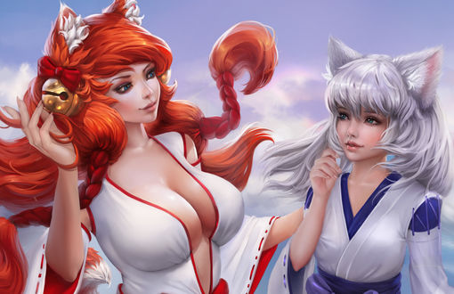 Обои на рабочий стол Two foxes / Две лисы - Akiko&Ahri / Акико и Ари из игры League of Legends / Лига Легенд, by Alexandra Cvetkova
