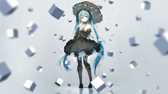 Обои на рабочий стол Vocaloid Hatsune Miku / вокалоид Хатсуне Мику в образе готической лолиты с зонтом на сером фоне с летающими кубиками, by Bai Yemeng
