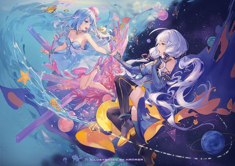 Обои на рабочий стол Vocaloid Xingchen / Вокалоид Ксингчен из космоса и Hatsune Miku / Хатсуне Мику из океана соприкасаются руками, by Hanasa