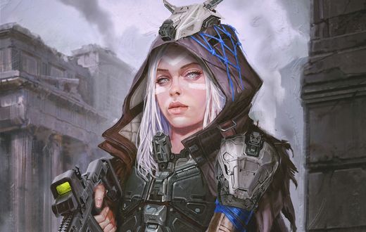 Обои на рабочий стол Девушка-воин с автоматом, by Jude Smith