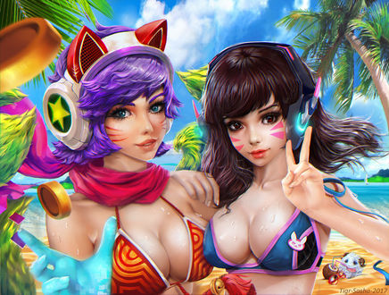 Обои на рабочий стол Ahri / Ари из игры League of Legends / Лига Легенд and D. VA / Ханна Сон из игры Overwatch / Дозор на пляже, by Alexandra Cvetkova