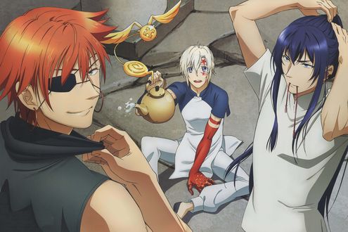 Обои на рабочий стол Лави / Lavi, Аллен Уолкер / Allen Walker и Kanda Yu / Канда Юу на отдыхе из аниме Ди Грей - Мен / D. Gray-man