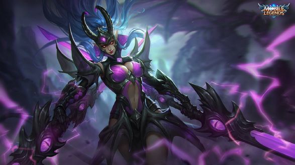 Обои на рабочий стол Девушка-демон с мечами в руках, арт к игре Mobile Legends, by exia xiaotong