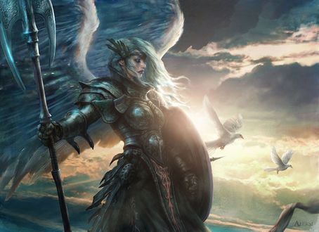 Обои на рабочий стол Воин Aegis Angel / Ангел Эгиды и летящие голуби в небе, из игры Magic: The Gathering, by Aleksi Briclot