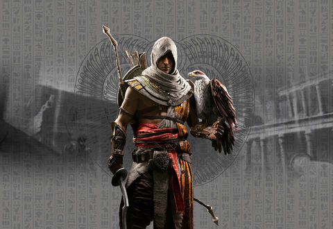 Обои на рабочий стол Bayek / Байек с ястребом, арт к игре Assassins Creed / Кредо Убийцы