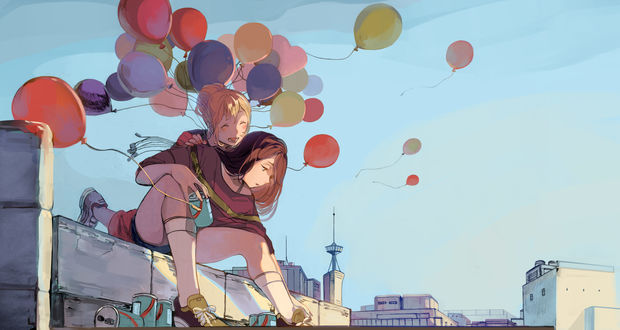 Обои на рабочий стол Две девушки на фоне неба и воздушных шаров, by Taro-K