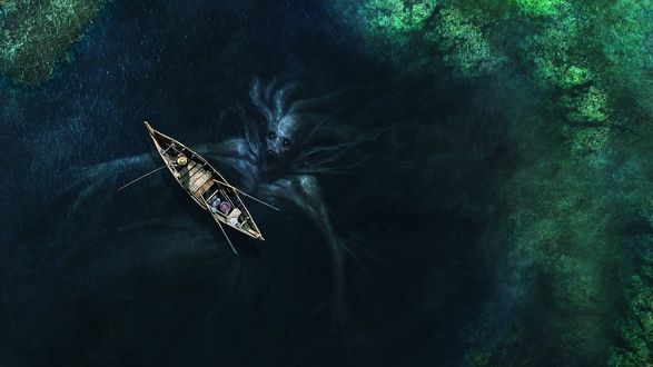 Обои на рабочий стол Человек рыбачит с лодки, а со дна озера всплывает The Siren / Сирена, by Daniel Jimenez Villalba