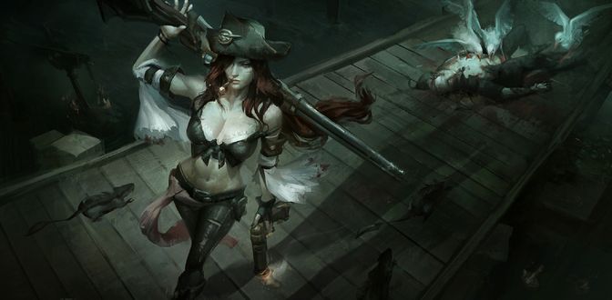Обои на рабочий стол Miss Fortune / Мисс Фортуна и убитый пират, которого клюют чайки, арт к игре League of Legends / Лига Легенд, by Marie Magny