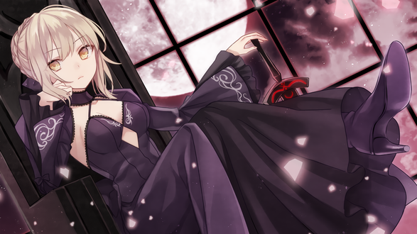 Обои на рабочий стол Сейбер Альтер / Saber Alter / Dark Saber из визуальной новеллы Fate / stay night, сидит на троне