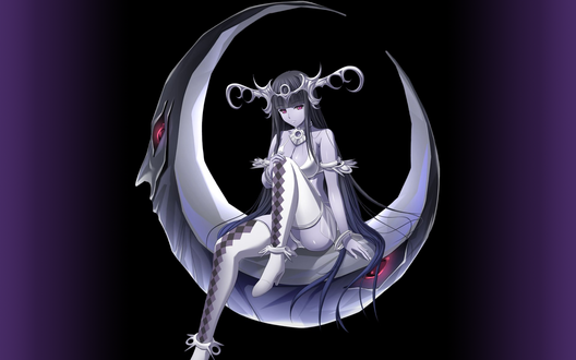 Обои на рабочий стол Инфермио / Infermio из визуальной новеллы Demonion 2 ~Maou to Sannin no Joou~, сидит на демоническом полумесяце