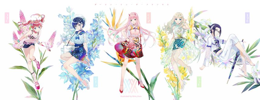 Обои на рабочий стол Zero Two / Зеро Ту и др. персонажи из аниме Darling in the FranXX / Милый во Франкcе